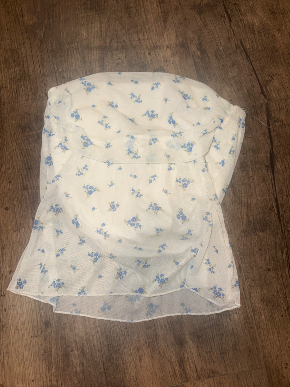 White Floral Strapless Chiffon Top with Blue Blossoms